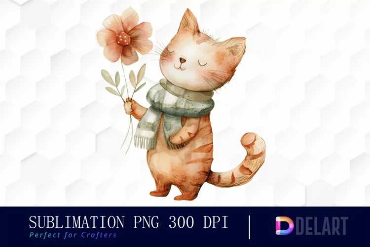 Cat Holding Flower Sublimation PNG Clipart
