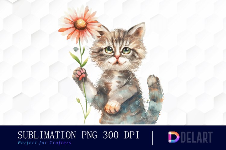 Cat Holding Flower Watercolor Clipart example image 1