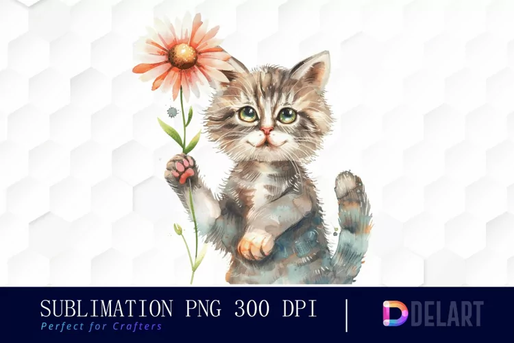 Cat Holding Flower Watercolor Clipart