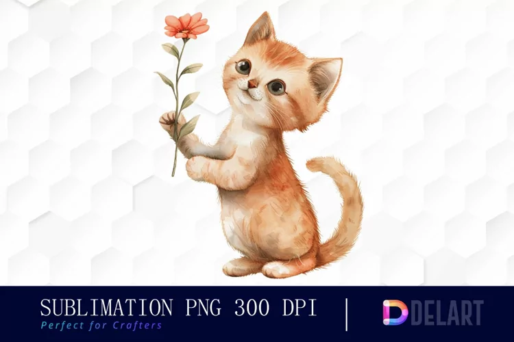 Cat Holding Flower Illustration Clipart