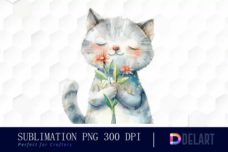 Cat Holding Flower Sublimation PNG Clipart
