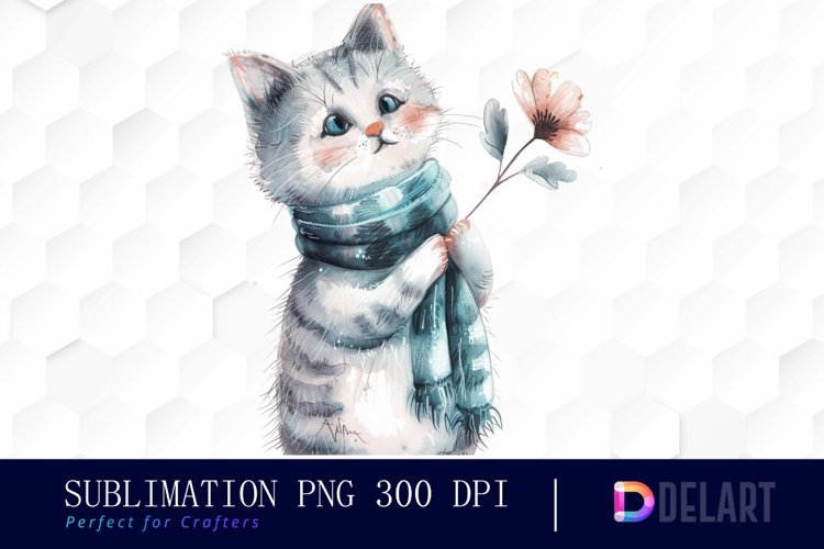 Cat Holding Flower Sublimation PNG Clipart example image 1