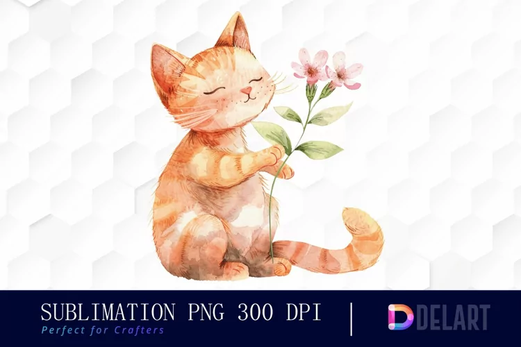 Cat Holding Flower Illustration Clipart
