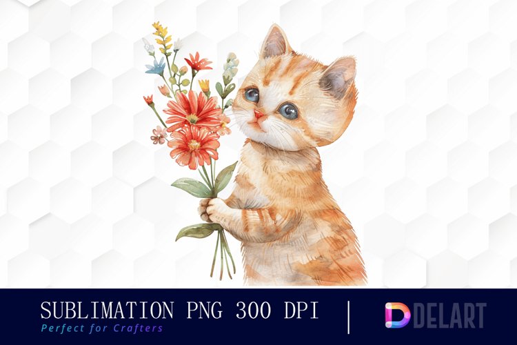 Cat Holding Flower Illustration Clipart example image 1