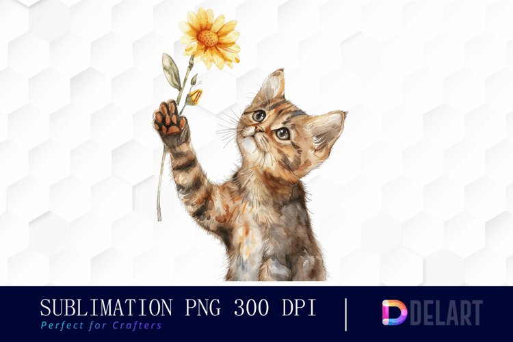 Cat Holding Flower Watercolor Clipart example image 1