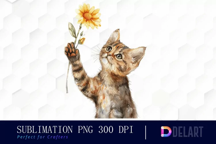Cat Holding Flower Watercolor Clipart