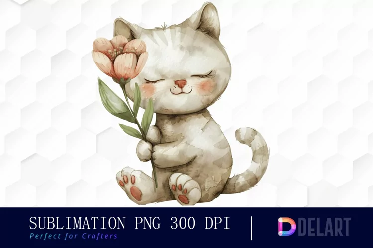 Cat Holding Flower Sublimation PNG Clipart