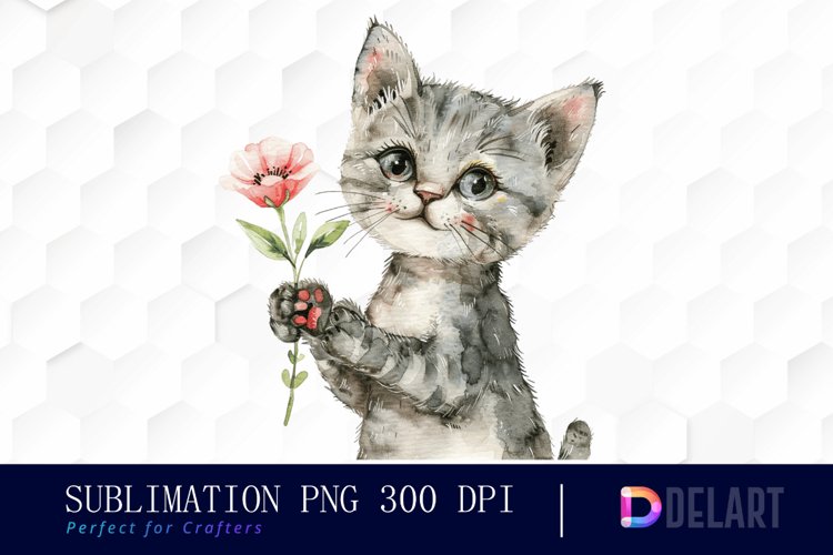 Cat Holding Flower Watercolor Clipart example image 1