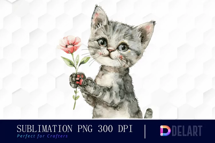 Cat Holding Flower Watercolor Clipart