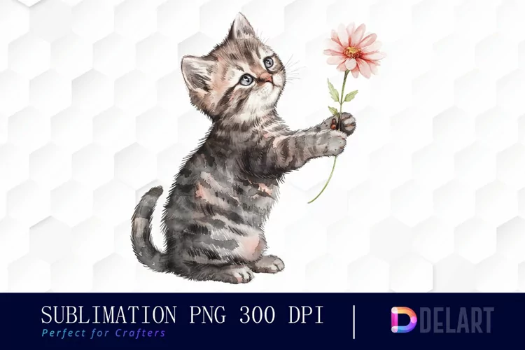 Cat Holding Flower Illustration Clipart