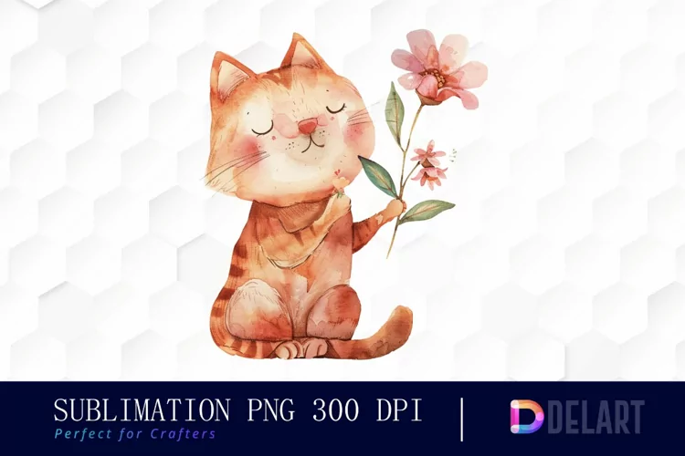 Cat Holding Flower Sublimation PNG Clipart