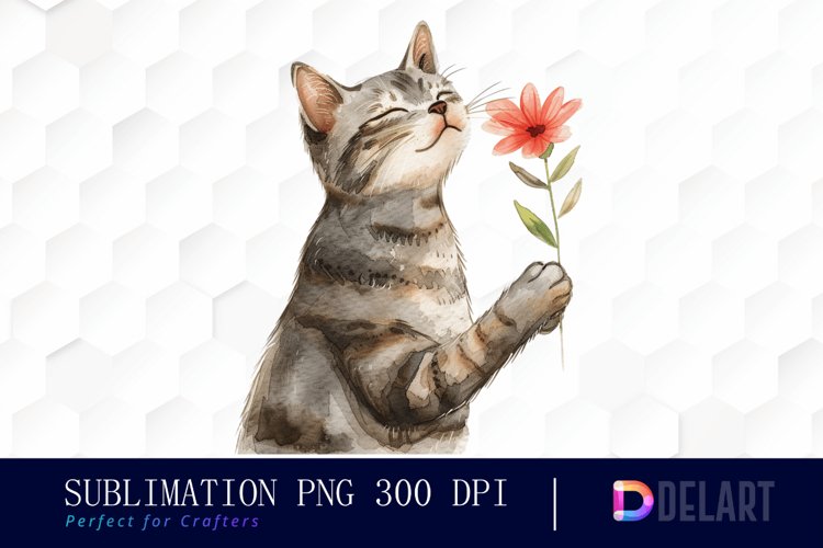 Cat Holding Flower Watercolor Clipart example image 1