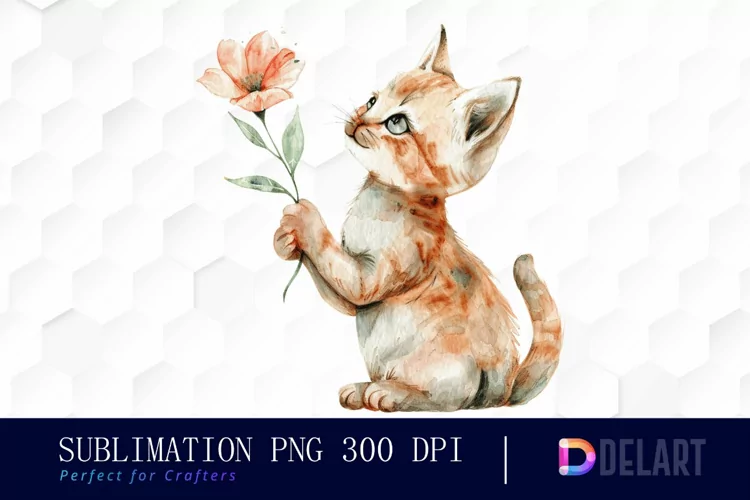 Cat Holding Flower Graphics Clipart