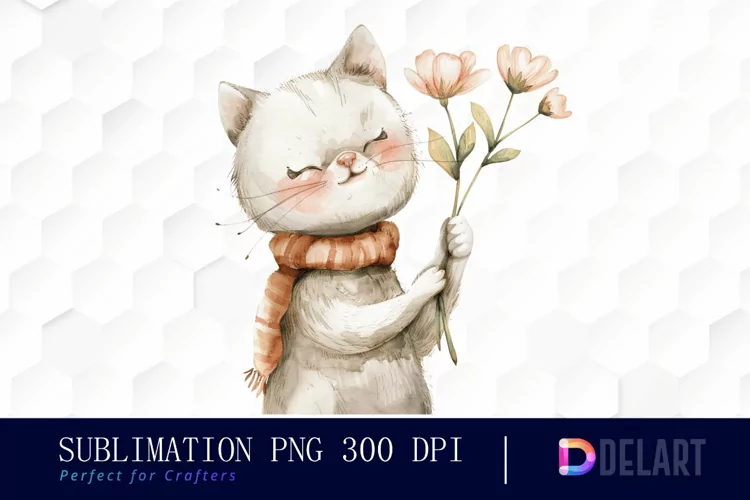 Cat Holding Flower Sublimation PNG Clipart