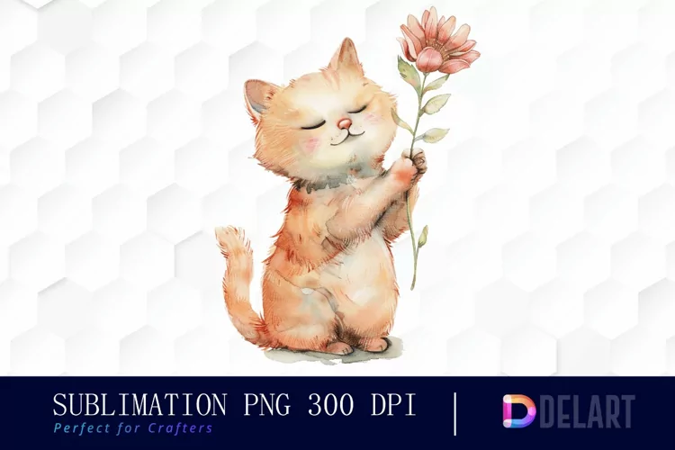 Cat Holding Flower Graphics Clipart