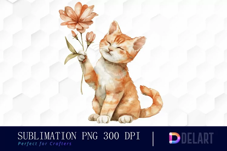 Cat Holding Flower Sublimation PNG Clipart