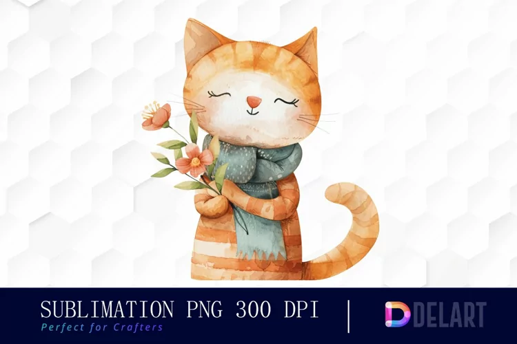 Cat Holding Flower Graphics Clipart