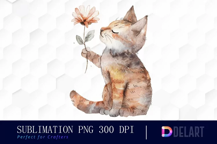 Cat Holding Flower Sublimation PNG Clipart