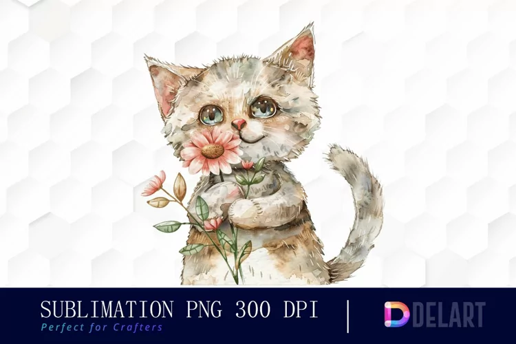 Cat Holding Flower Watercolor Clipart