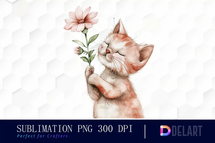 Cat Holding Flower Illustration Clipart