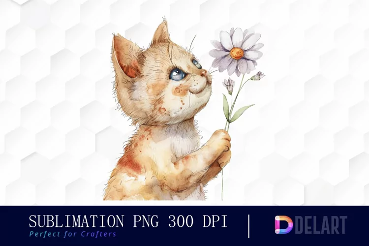 Cat Holding Flower Graphics Clipart