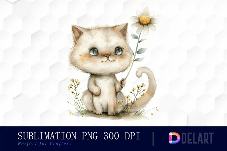Cat Holding Flower Illustration Clipart