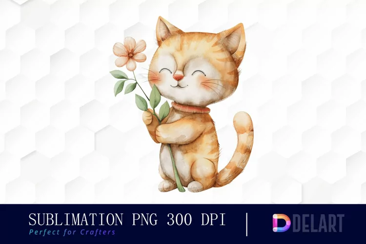 Cat Holding Flower Illustration Clipart