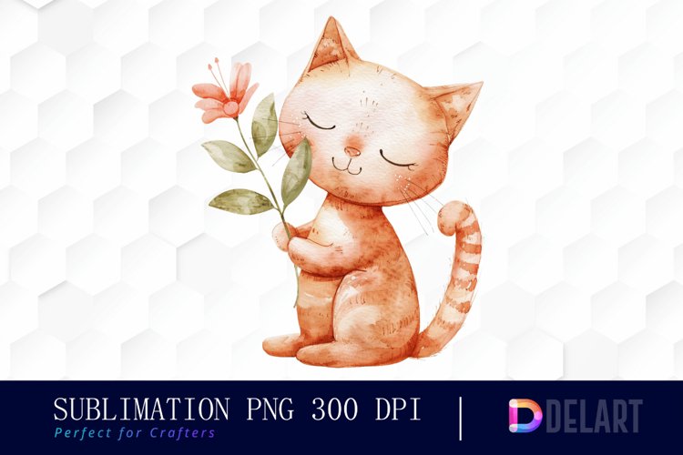 Cat Holding Flower Watercolor Clipart