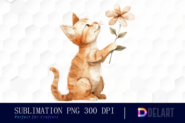 Cat Holding Flower Watercolor Clipart