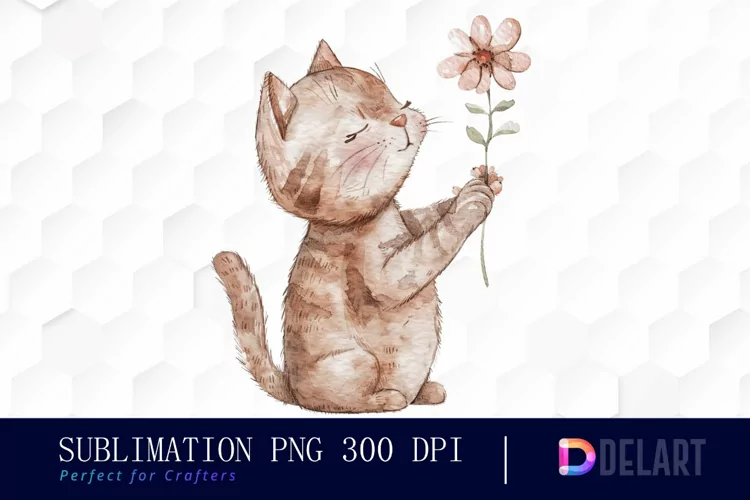 Cat Holding Flower Watercolor Clipart