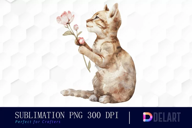 Cat Holding Flower Graphics Clipart