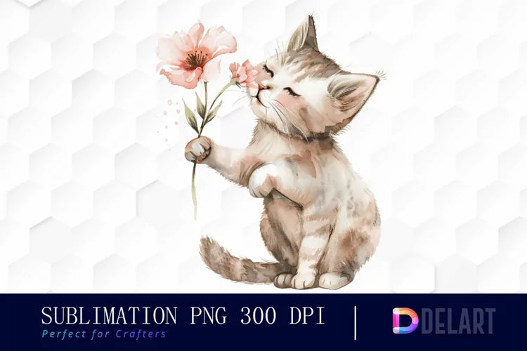 Cat Holding Flower Illustration Clipart