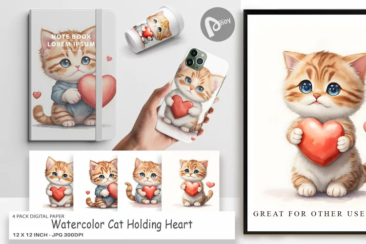 Digital Paper Watercolor Cat and Heart