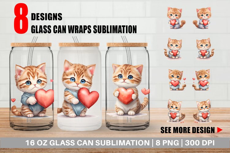 Glass Can Wraps Cat Holding Heart