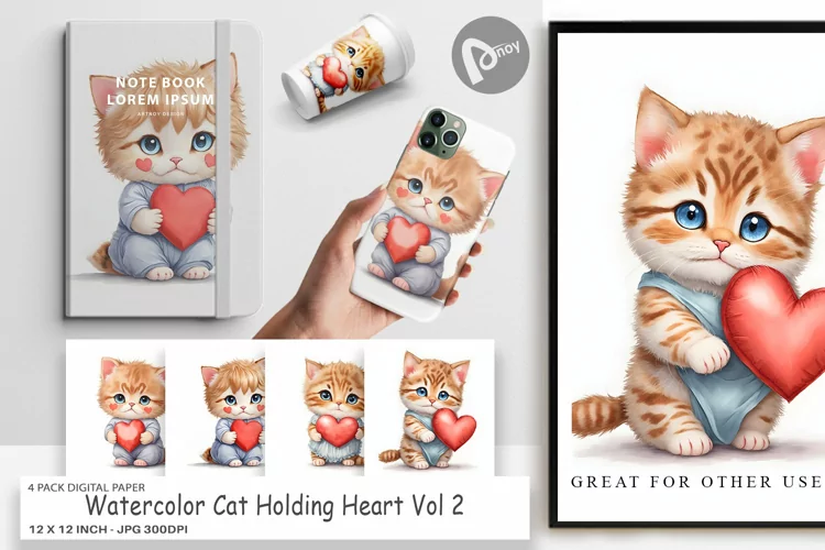 Digital Paper Watercolor Cat and Heart