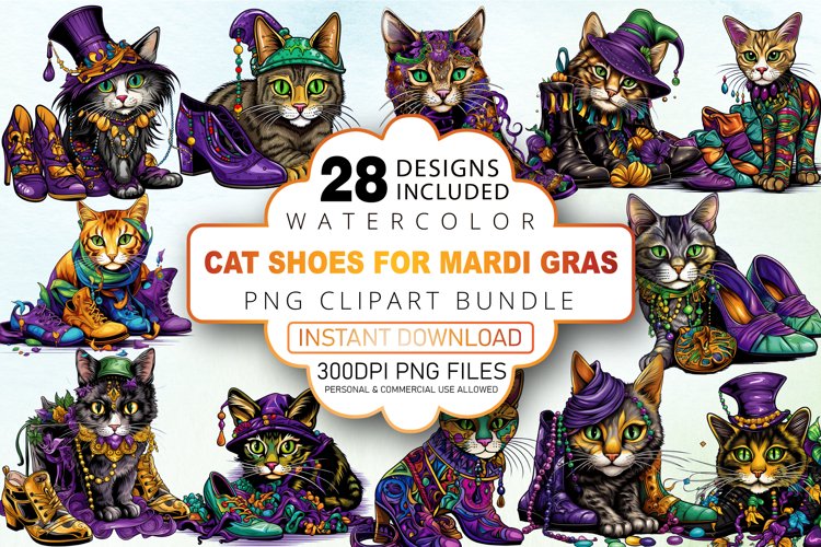Watercolor Cat Shoes for Mardi Gras Clipart Bundle