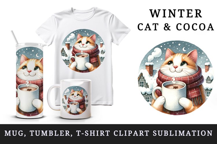 Watercolor cat sipping hot cocoa cozy scarf winter Christmas print 20 oz tumbler skinny mug wrap clipart t-shirt sublimation printable design