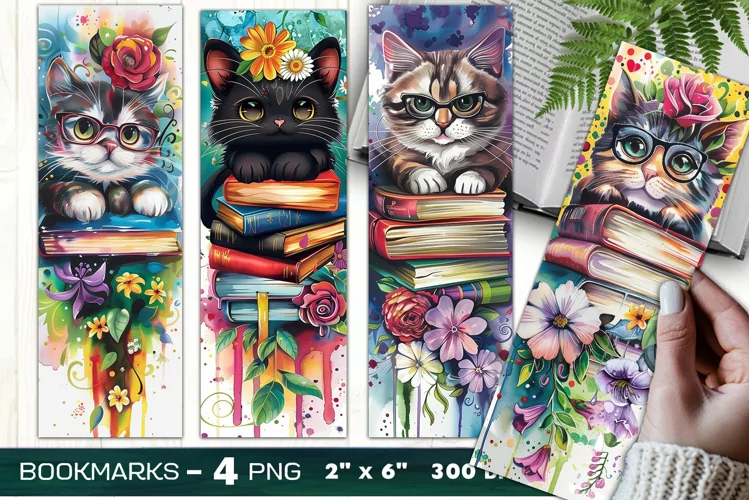 Cat on books bookmark, watercolor cat bookmark, floral cats
