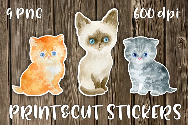 Watercolor cats printable stickers PNG