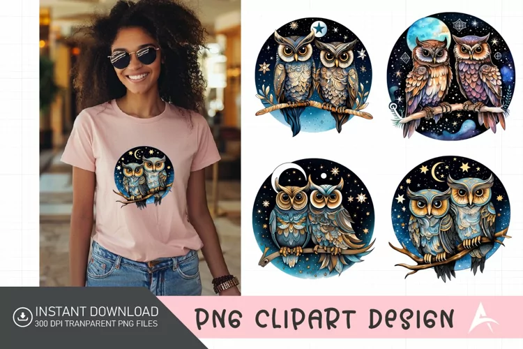 Watercolor Celestial Owls Clipart