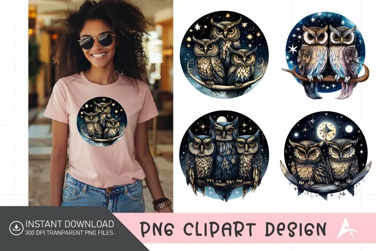Watercolor Celestial Owls Clipart