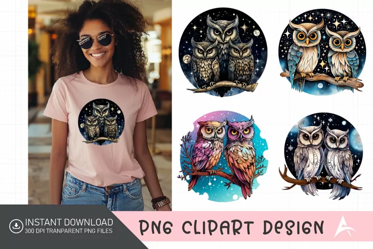 Watercolor Celestial Owls Clipart
