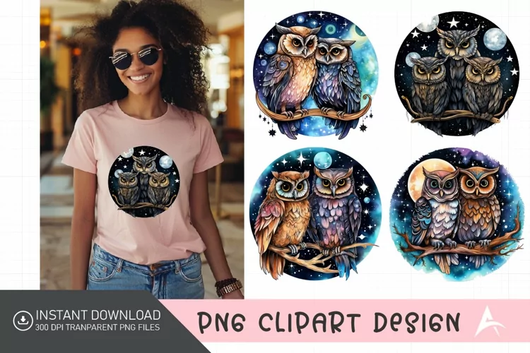 Watercolor Celestial Owls Clipart