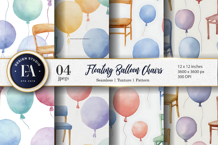 Floating Balloon Chairs Watercolor Seamless Digital Paper