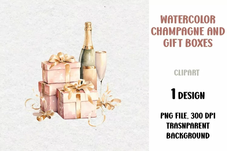 Watercolor Christmas Gifts and Champagne Clipart, PNG