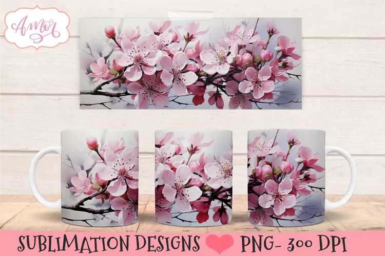 Watercolor Cherry blossom 11oz mug wrap for sublimation