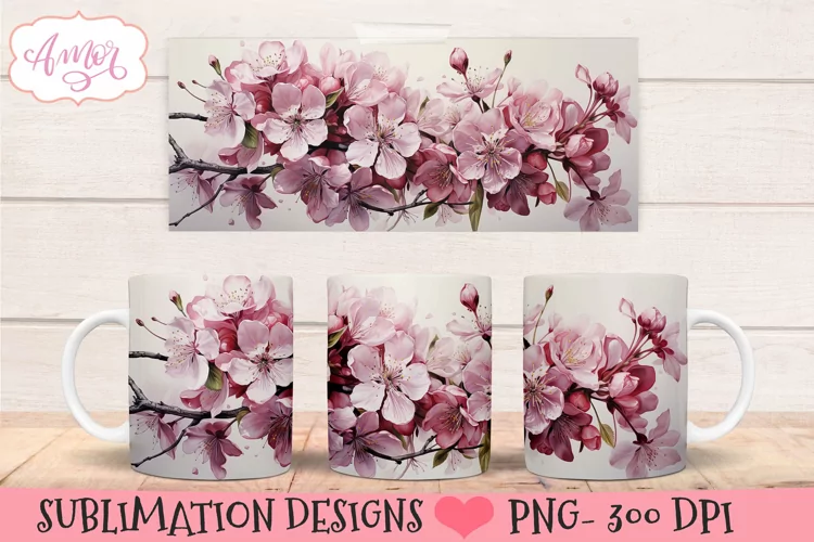 Watercolor Cherry blossom 11oz mug wrap for sublimation