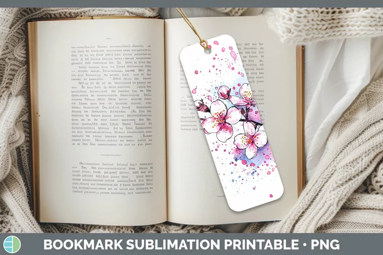 Watercolor Cherry Blossom Bookmark Sublimation Printable Des