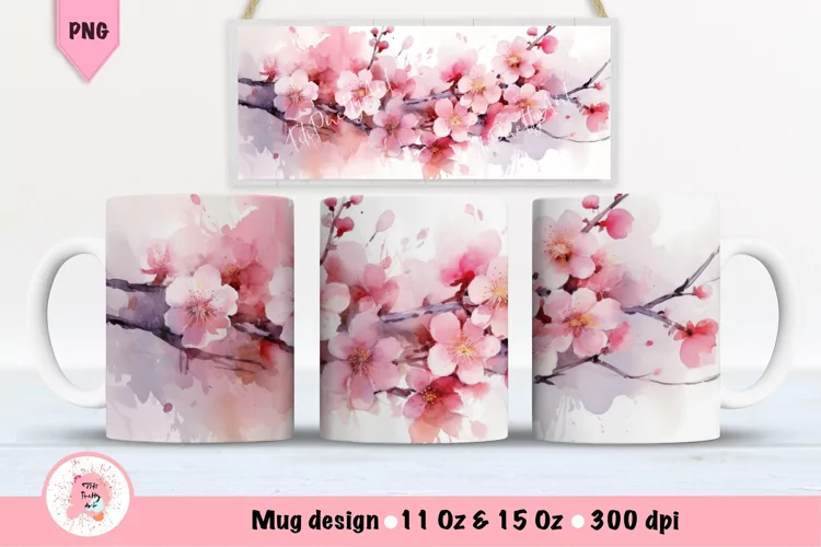 Watercolor Cherry Blossom Flowers Mug Wrap For 15 oz