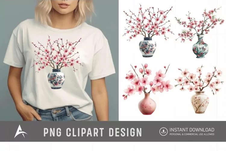 Watercolor Cherry Blossom in a vase Clipart